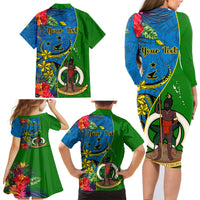 Personalised Vanuatu Malampa Day Family Matching Long Sleeve Bodycon Dress and Hawaiian Shirt Coat Of Arms Mix Tropical Flowers - Wonder Print Shop
