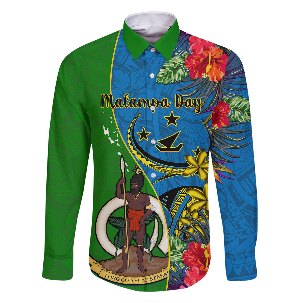 Personalised Vanuatu Malampa Day Family Matching Long Sleeve Bodycon Dress and Hawaiian Shirt Coat Of Arms Mix Tropical Flowers - Wonder Print Shop