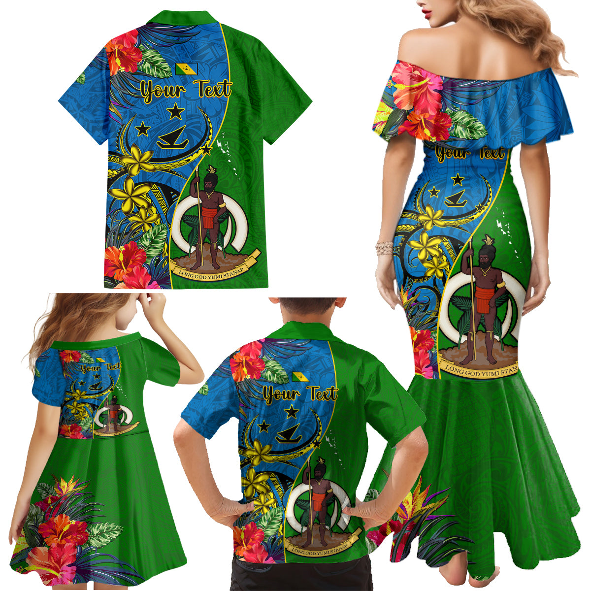 Personalised Vanuatu Malampa Day Family Matching Mermaid Dress and Hawaiian Shirt Coat Of Arms Mix Tropical Flowers - Wonder Print Shop
