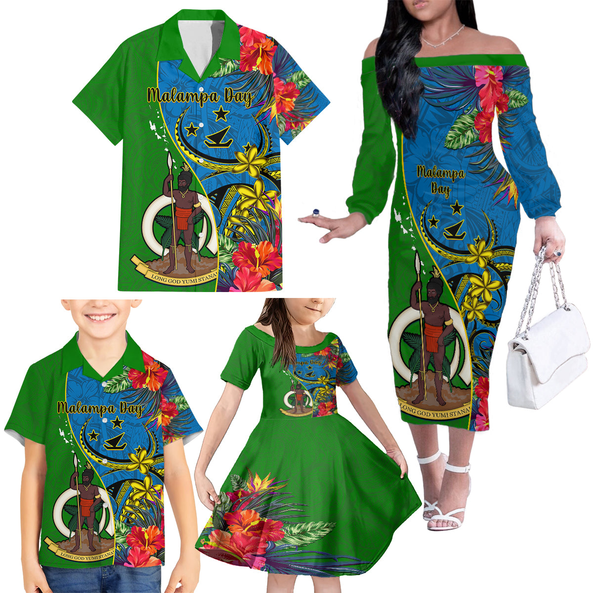Personalised Vanuatu Malampa Day Family Matching Off Shoulder Long Sleeve Dress and Hawaiian Shirt Coat Of Arms Mix Tropical Flowers - Wonder Print Shop