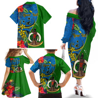 Personalised Vanuatu Malampa Day Family Matching Off Shoulder Long Sleeve Dress and Hawaiian Shirt Coat Of Arms Mix Tropical Flowers - Wonder Print Shop