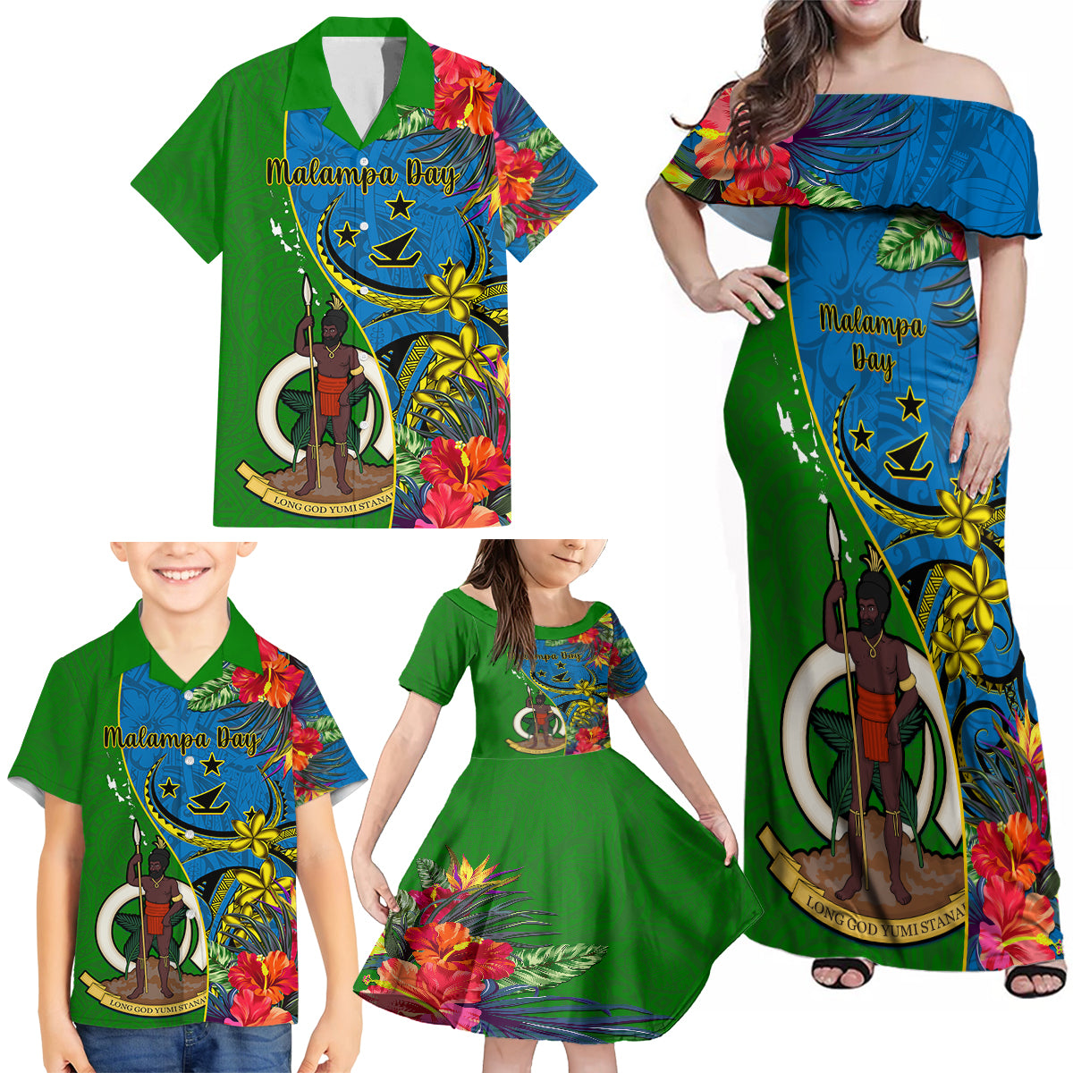 Personalised Vanuatu Malampa Day Family Matching Off Shoulder Maxi Dress and Hawaiian Shirt Coat Of Arms Mix Tropical Flowers - Wonder Print Shop