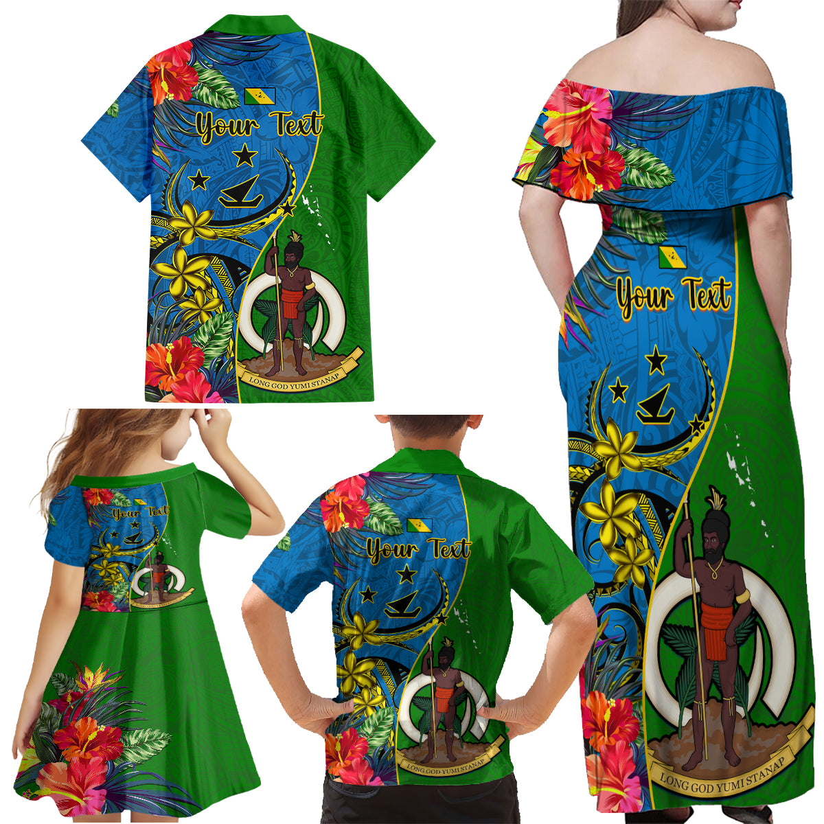 Personalised Vanuatu Malampa Day Family Matching Off Shoulder Maxi Dress and Hawaiian Shirt Coat Of Arms Mix Tropical Flowers - Wonder Print Shop