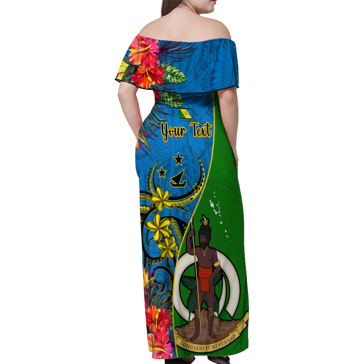 Personalised Vanuatu Malampa Day Family Matching Off Shoulder Maxi Dress and Hawaiian Shirt Coat Of Arms Mix Tropical Flowers - Wonder Print Shop