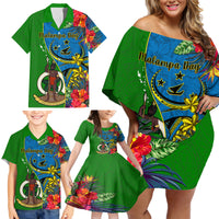 Personalised Vanuatu Malampa Day Family Matching Off Shoulder Short Dress and Hawaiian Shirt Coat Of Arms Mix Tropical Flowers - Wonder Print Shop