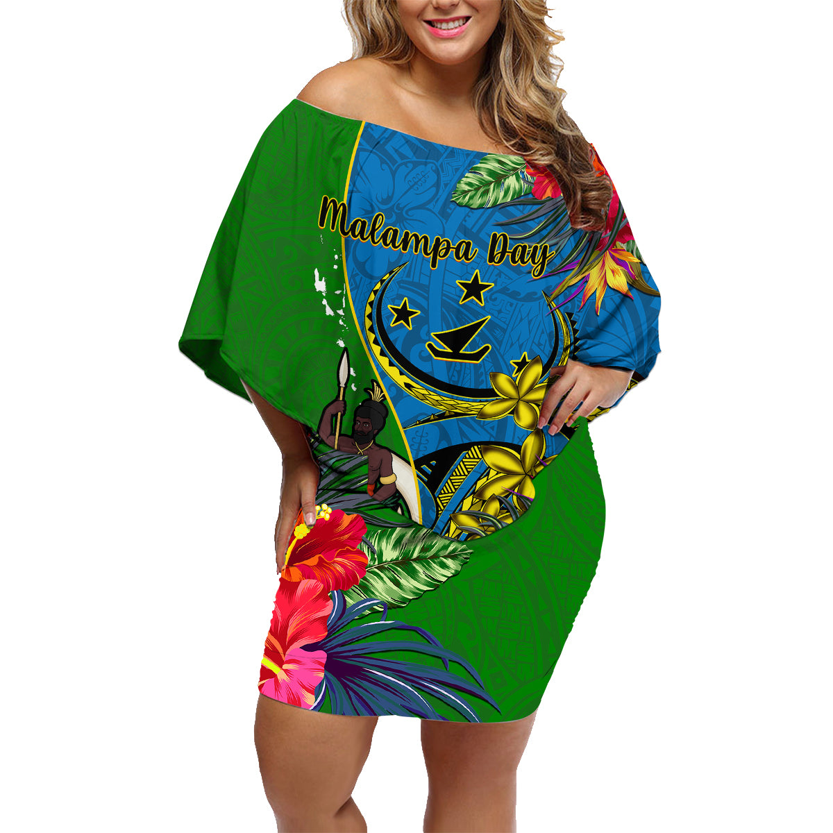 Personalised Vanuatu Malampa Day Family Matching Off Shoulder Short Dress and Hawaiian Shirt Coat Of Arms Mix Tropical Flowers - Wonder Print Shop