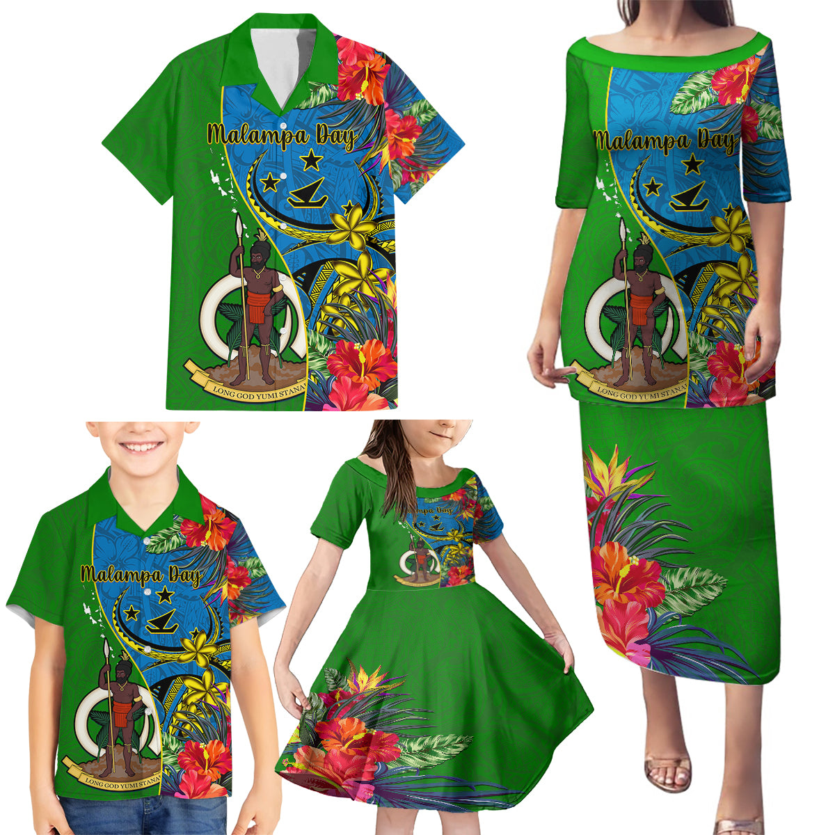 Personalised Vanuatu Malampa Day Family Matching Puletasi Dress and Hawaiian Shirt Coat Of Arms Mix Tropical Flowers - Wonder Print Shop