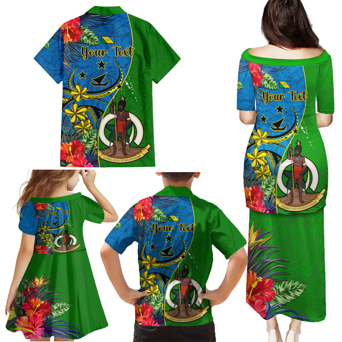 Personalised Vanuatu Malampa Day Family Matching Puletasi Dress and Hawaiian Shirt Coat Of Arms Mix Tropical Flowers - Wonder Print Shop