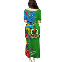Personalised Vanuatu Malampa Day Family Matching Puletasi Dress and Hawaiian Shirt Coat Of Arms Mix Tropical Flowers - Wonder Print Shop