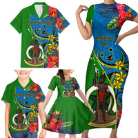 Personalised Vanuatu Malampa Day Family Matching Short Sleeve Bodycon Dress and Hawaiian Shirt Coat Of Arms Mix Tropical Flowers - Wonder Print Shop