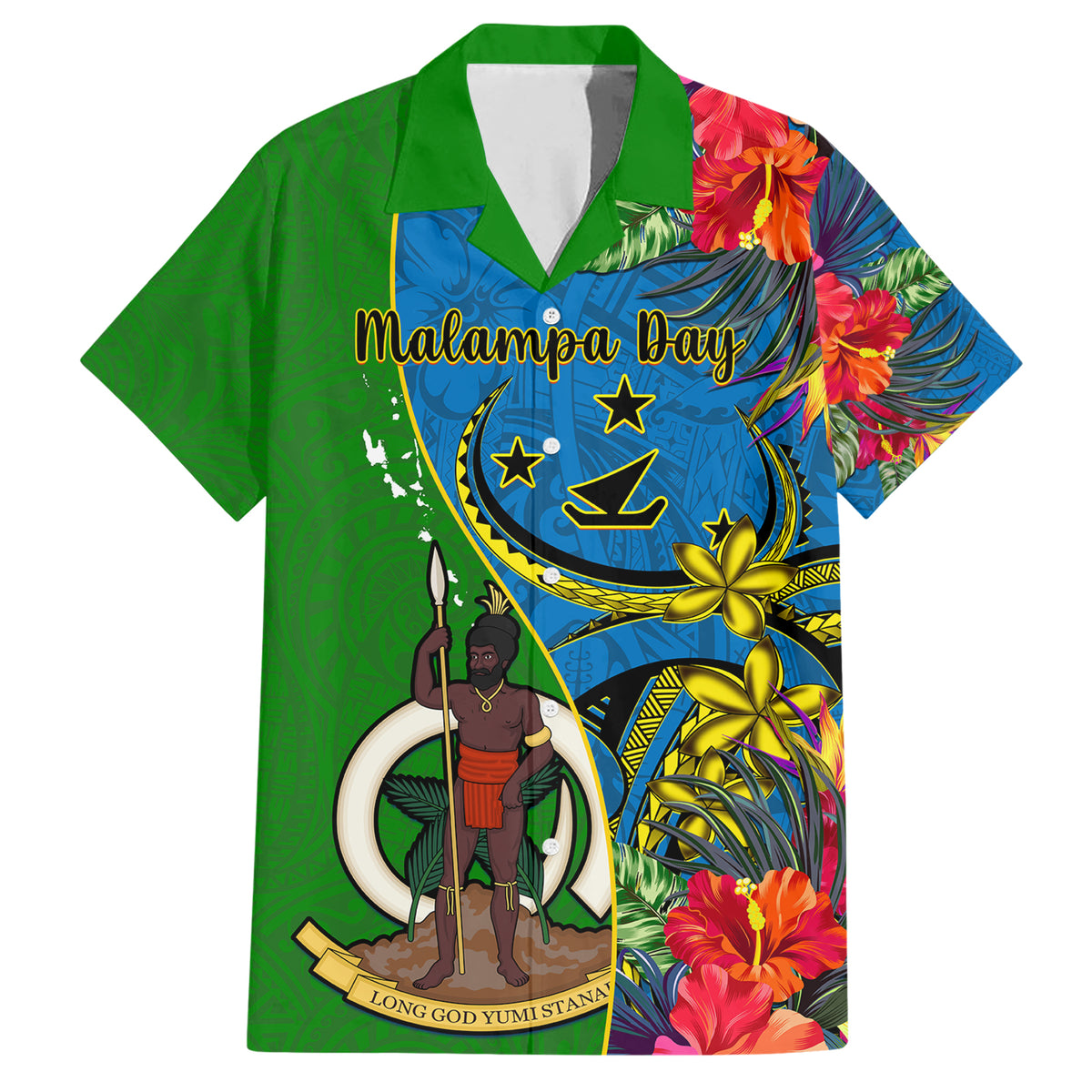 Personalised Vanuatu Malampa Day Family Matching Short Sleeve Bodycon Dress and Hawaiian Shirt Coat Of Arms Mix Tropical Flowers - Wonder Print Shop