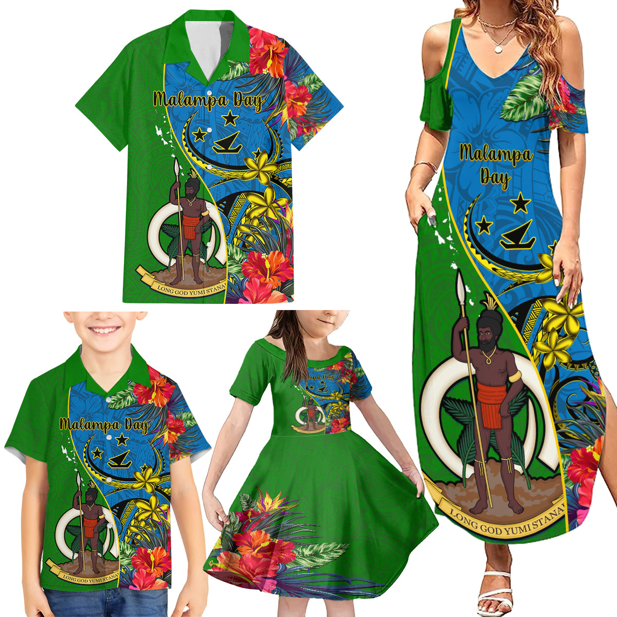 Personalised Vanuatu Malampa Day Family Matching Summer Maxi Dress and Hawaiian Shirt Coat Of Arms Mix Tropical Flowers - Wonder Print Shop