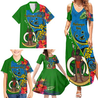 Personalised Vanuatu Malampa Day Family Matching Summer Maxi Dress and Hawaiian Shirt Coat Of Arms Mix Tropical Flowers - Wonder Print Shop