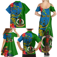 Personalised Vanuatu Malampa Day Family Matching Summer Maxi Dress and Hawaiian Shirt Coat Of Arms Mix Tropical Flowers - Wonder Print Shop