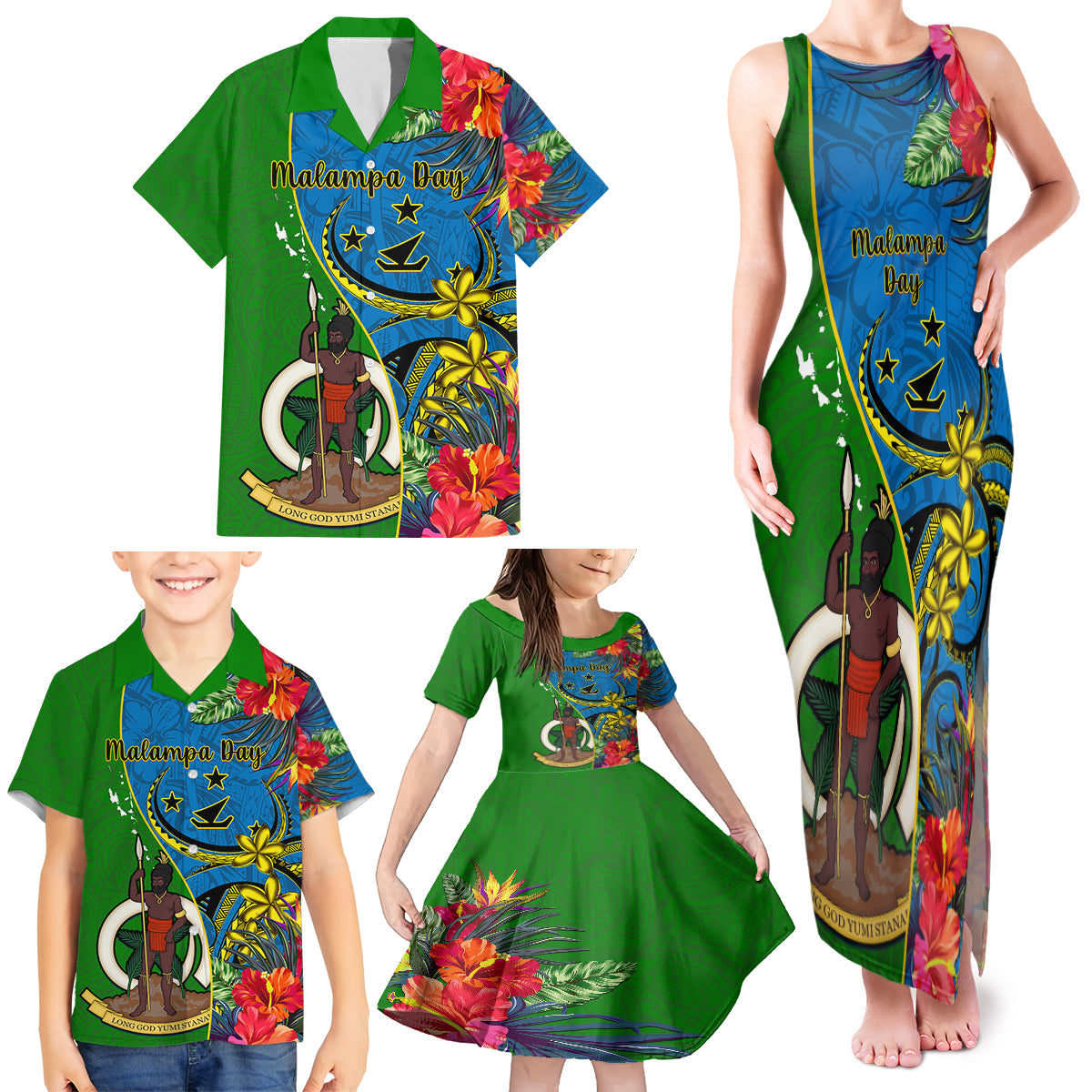 Personalised Vanuatu Malampa Day Family Matching Tank Maxi Dress and Hawaiian Shirt Coat Of Arms Mix Tropical Flowers - Wonder Print Shop