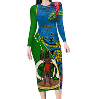 Personalised Vanuatu Malampa Day Long Sleeve Bodycon Dress Coat Of Arms Mix Tropical Flowers - Wonder Print Shop