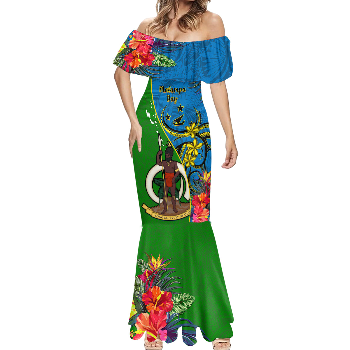 Personalised Vanuatu Malampa Day Mermaid Dress Coat Of Arms Mix Tropical Flowers - Wonder Print Shop