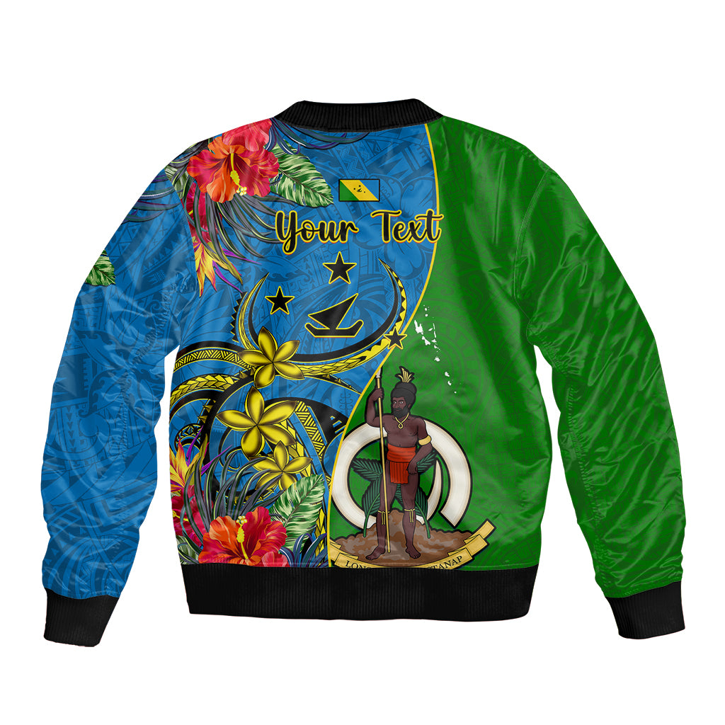 Personalised Vanuatu Malampa Day Sleeve Zip Bomber Jacket Coat Of Arms Mix Tropical Flowers - Wonder Print Shop