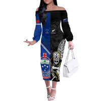 New Zealand And Samoa Rugby Off The Shoulder Long Sleeve Dress All Black Tiki Fern Mix Manu Samoa 2023 World Cup - Wonder Print Shop