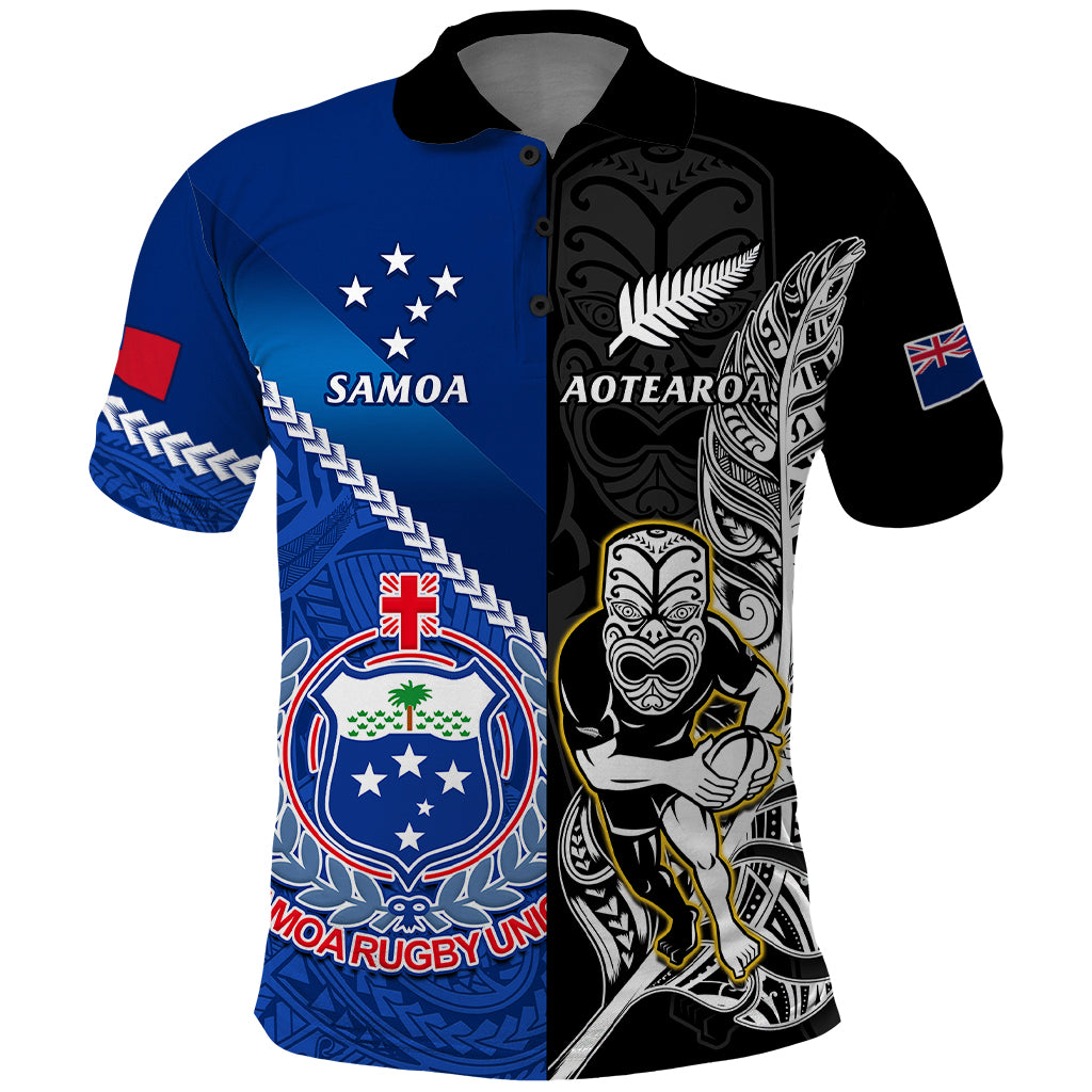 New Zealand And Samoa Rugby Polo Shirt All Black Tiki Fern Mix Manu Samoa 2023 World Cup - Wonder Print Shop