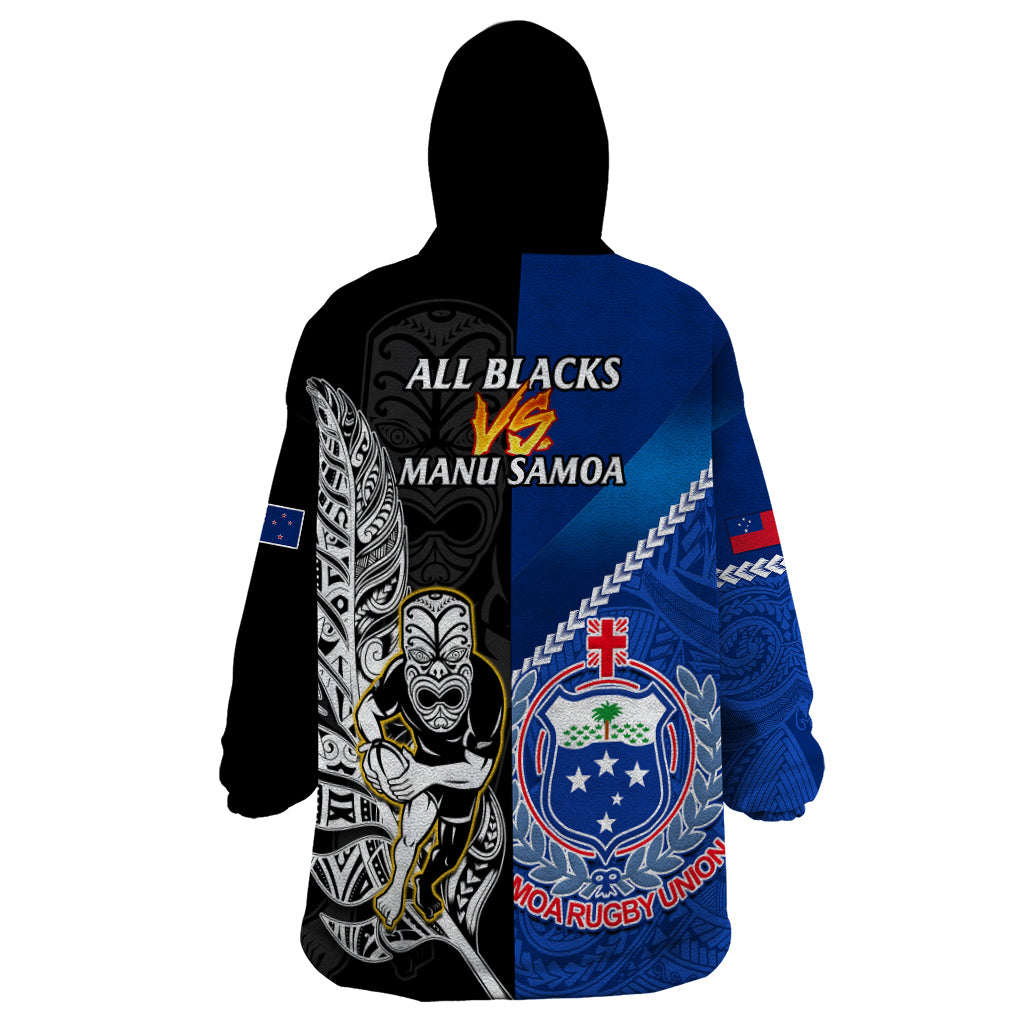 New Zealand And Samoa Rugby Wearable Blanket Hoodie All Black Tiki Fern Mix Manu Samoa 2023 World Cup - Wonder Print Shop