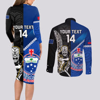 Custom New Zealand And Samoa Rugby Couples Matching Long Sleeve Bodycon Dress and Long Sleeve Button Shirts All Black Tiki Fern Mix Manu Samoa 2023 World Cup - Wonder Print Shop