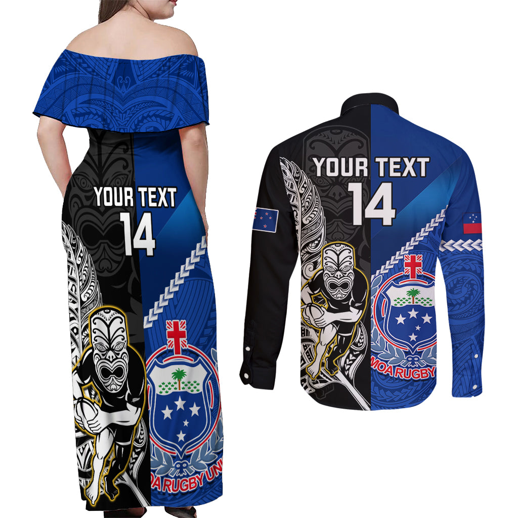 Custom New Zealand And Samoa Rugby Couples Matching Off Shoulder Maxi Dress and Long Sleeve Button Shirts All Black Tiki Fern Mix Manu Samoa 2023 World Cup - Wonder Print Shop