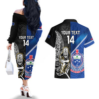 Custom New Zealand And Samoa Rugby Couples Matching Off The Shoulder Long Sleeve Dress and Hawaiian Shirt All Black Tiki Fern Mix Manu Samoa 2023 World Cup - Wonder Print Shop