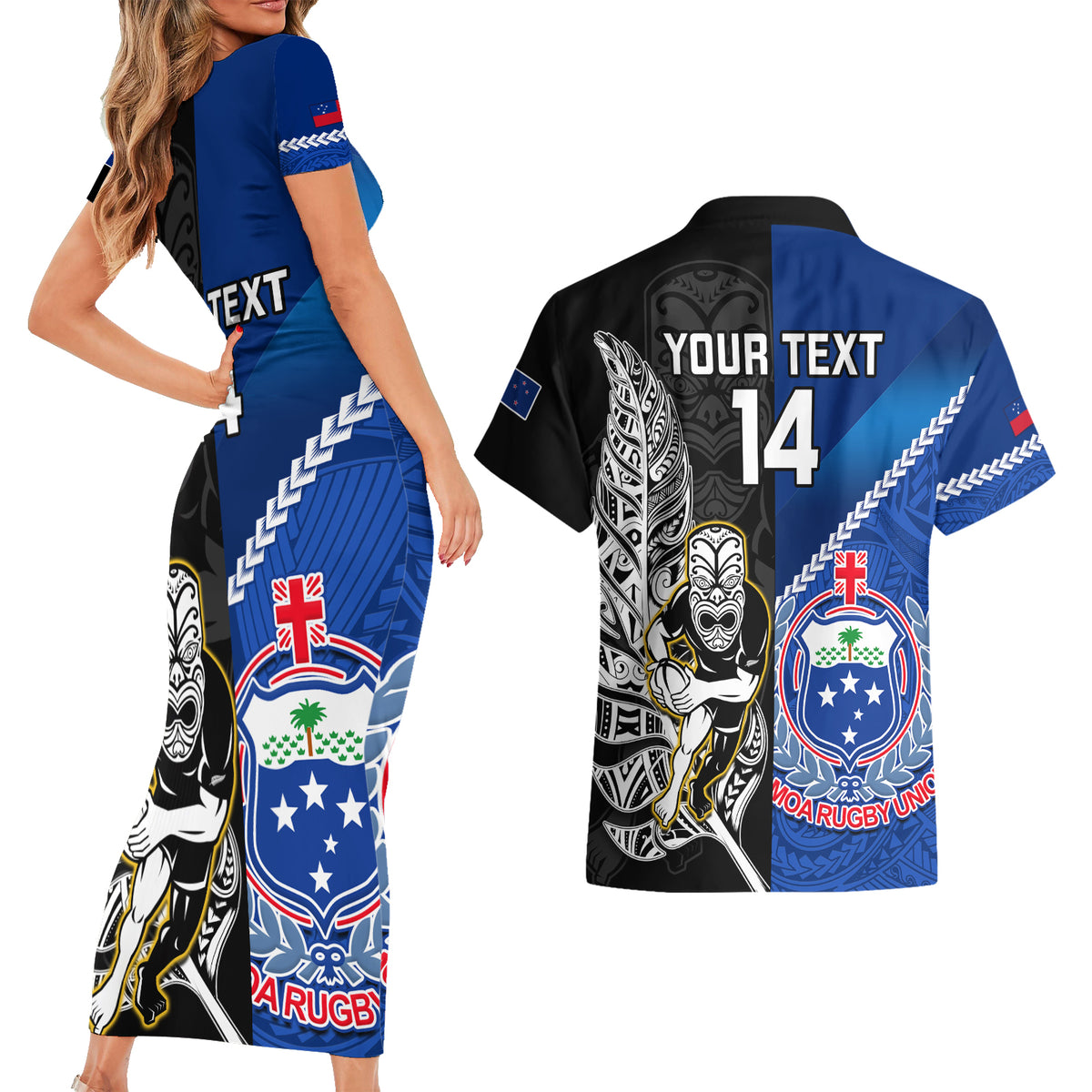 Custom New Zealand And Samoa Rugby Couples Matching Short Sleeve Bodycon Dress and Hawaiian Shirt All Black Tiki Fern Mix Manu Samoa 2023 World Cup - Wonder Print Shop
