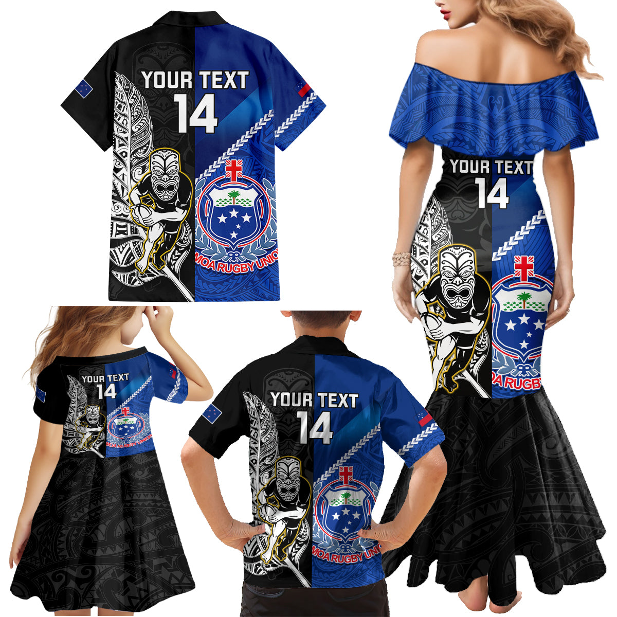 Custom New Zealand And Samoa Rugby Family Matching Mermaid Dress and Hawaiian Shirt All Black Tiki Fern Mix Manu Samoa 2023 World Cup - Wonder Print Shop