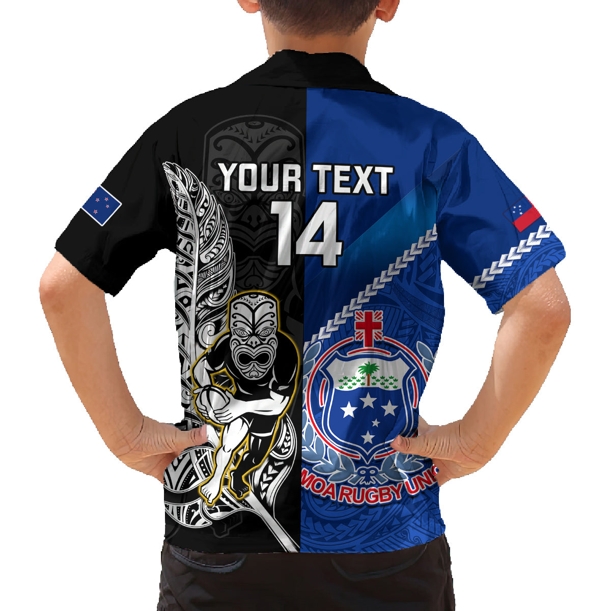 Custom New Zealand And Samoa Rugby Family Matching Off Shoulder Short Dress and Hawaiian Shirt All Black Tiki Fern Mix Manu Samoa 2023 World Cup - Wonder Print Shop