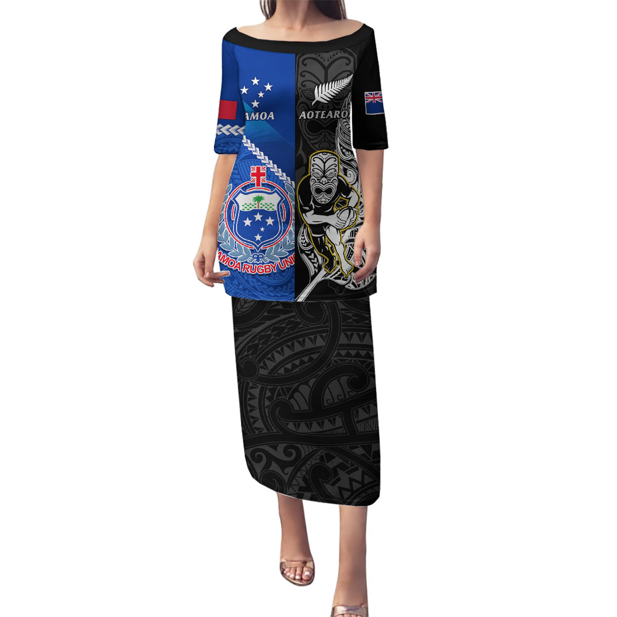 Custom New Zealand And Samoa Rugby Family Matching Puletasi Dress and Hawaiian Shirt All Black Tiki Fern Mix Manu Samoa 2023 World Cup - Wonder Print Shop