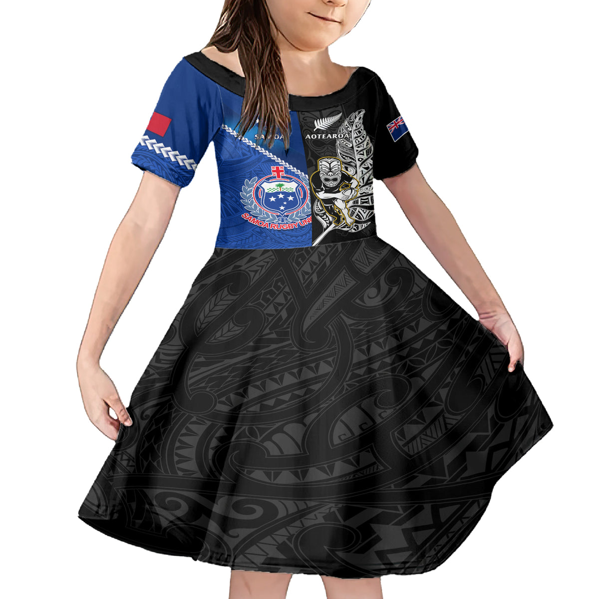 Custom New Zealand And Samoa Rugby Family Matching Short Sleeve Bodycon Dress and Hawaiian Shirt All Black Tiki Fern Mix Manu Samoa 2023 World Cup - Wonder Print Shop