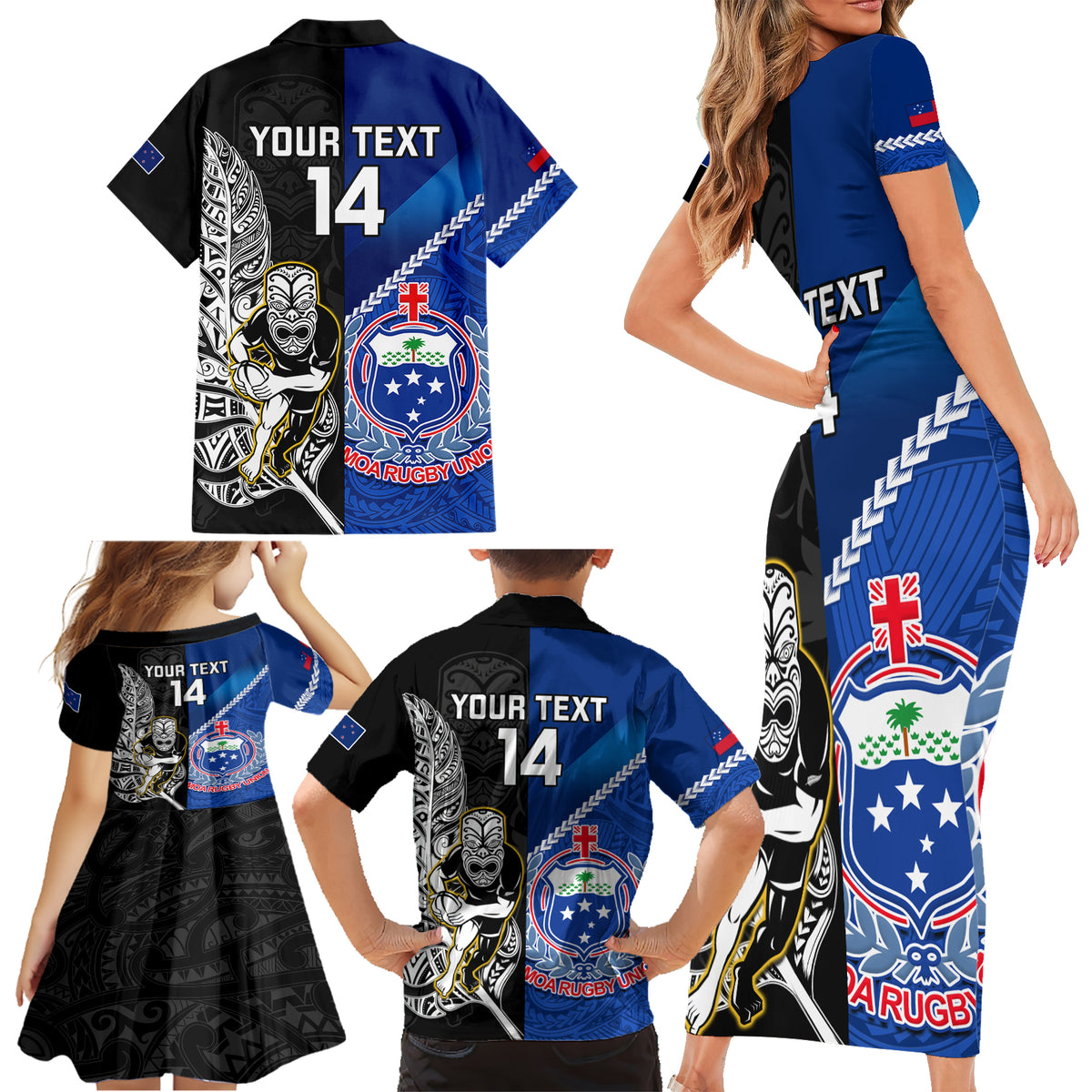 Custom New Zealand And Samoa Rugby Family Matching Short Sleeve Bodycon Dress and Hawaiian Shirt All Black Tiki Fern Mix Manu Samoa 2023 World Cup - Wonder Print Shop