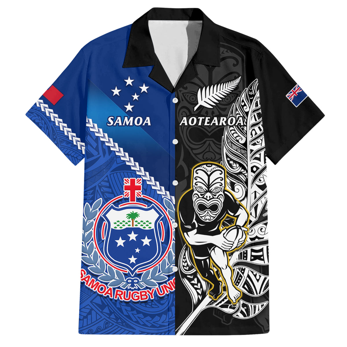 Custom New Zealand And Samoa Rugby Family Matching Short Sleeve Bodycon Dress and Hawaiian Shirt All Black Tiki Fern Mix Manu Samoa 2023 World Cup - Wonder Print Shop