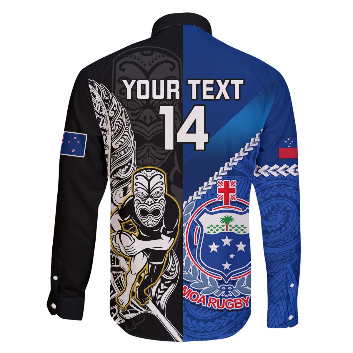 Custom New Zealand And Samoa Rugby Family Matching Short Sleeve Bodycon Dress and Hawaiian Shirt All Black Tiki Fern Mix Manu Samoa 2023 World Cup - Wonder Print Shop