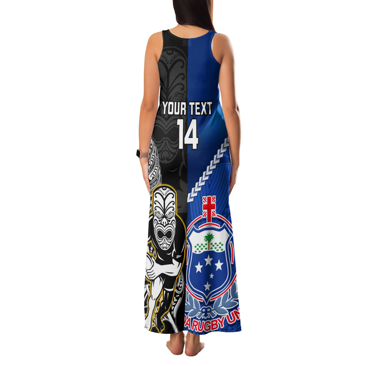 Custom New Zealand And Samoa Rugby Family Matching Tank Maxi Dress and Hawaiian Shirt All Black Tiki Fern Mix Manu Samoa 2023 World Cup - Wonder Print Shop