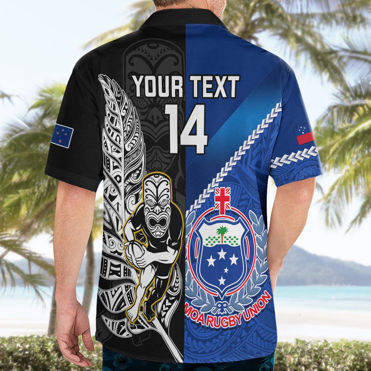 Custom New Zealand And Samoa Rugby Hawaiian Shirt All Black Tiki Fern Mix Manu Samoa 2023 World Cup - Wonder Print Shop