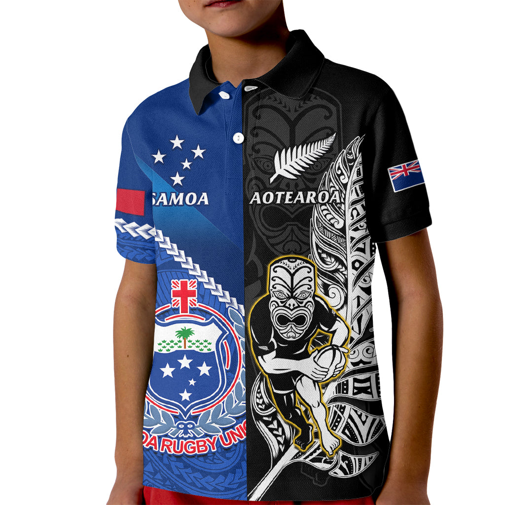 Custom New Zealand And Samoa Rugby Kid Polo Shirt All Black Tiki Fern Mix Manu Samoa 2023 World Cup - Wonder Print Shop