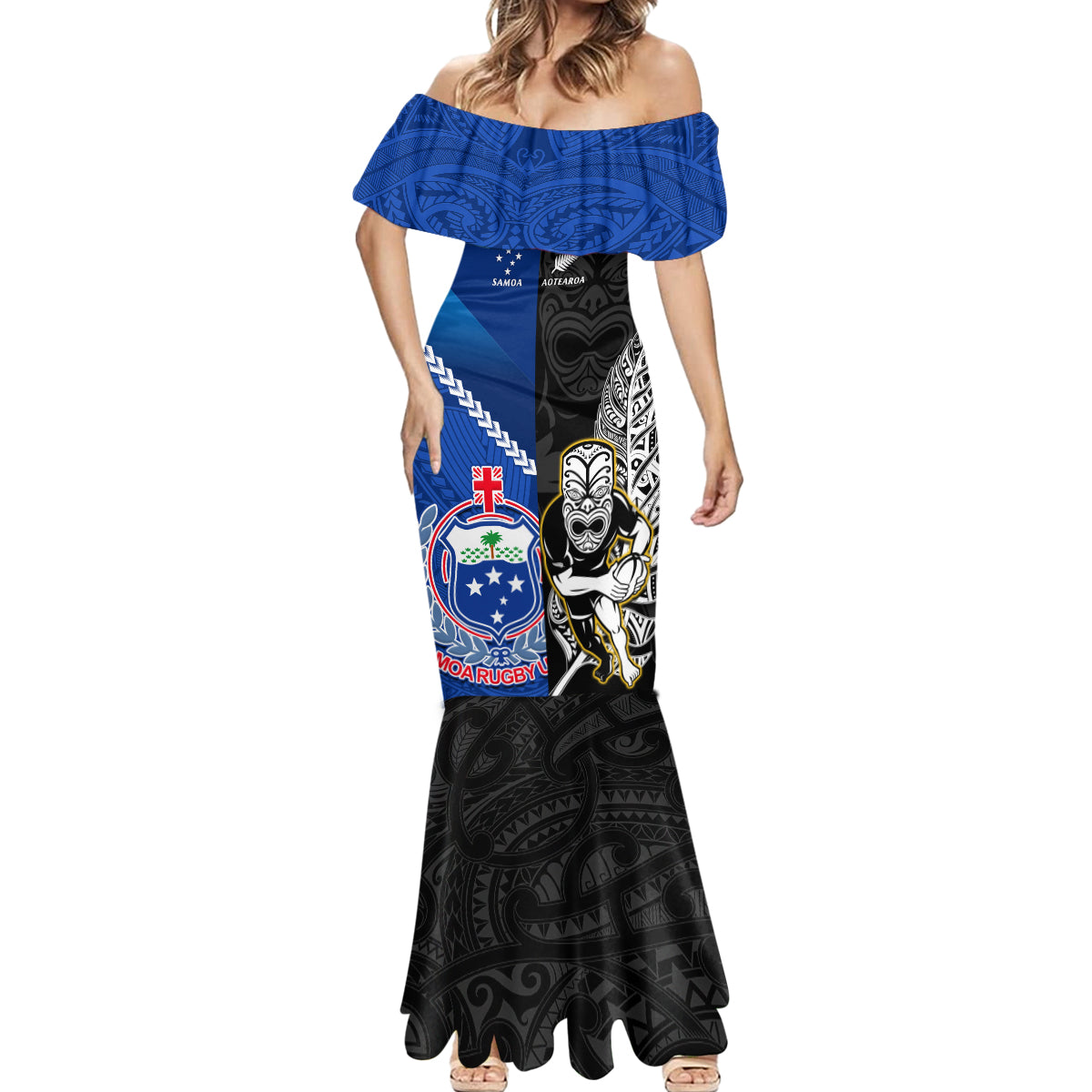 Custom New Zealand And Samoa Rugby Mermaid Dress All Black Tiki Fern Mix Manu Samoa 2023 World Cup - Wonder Print Shop