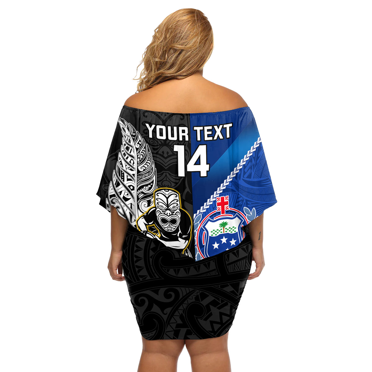 Custom New Zealand And Samoa Rugby Off Shoulder Short Dress All Black Tiki Fern Mix Manu Samoa 2023 World Cup - Wonder Print Shop