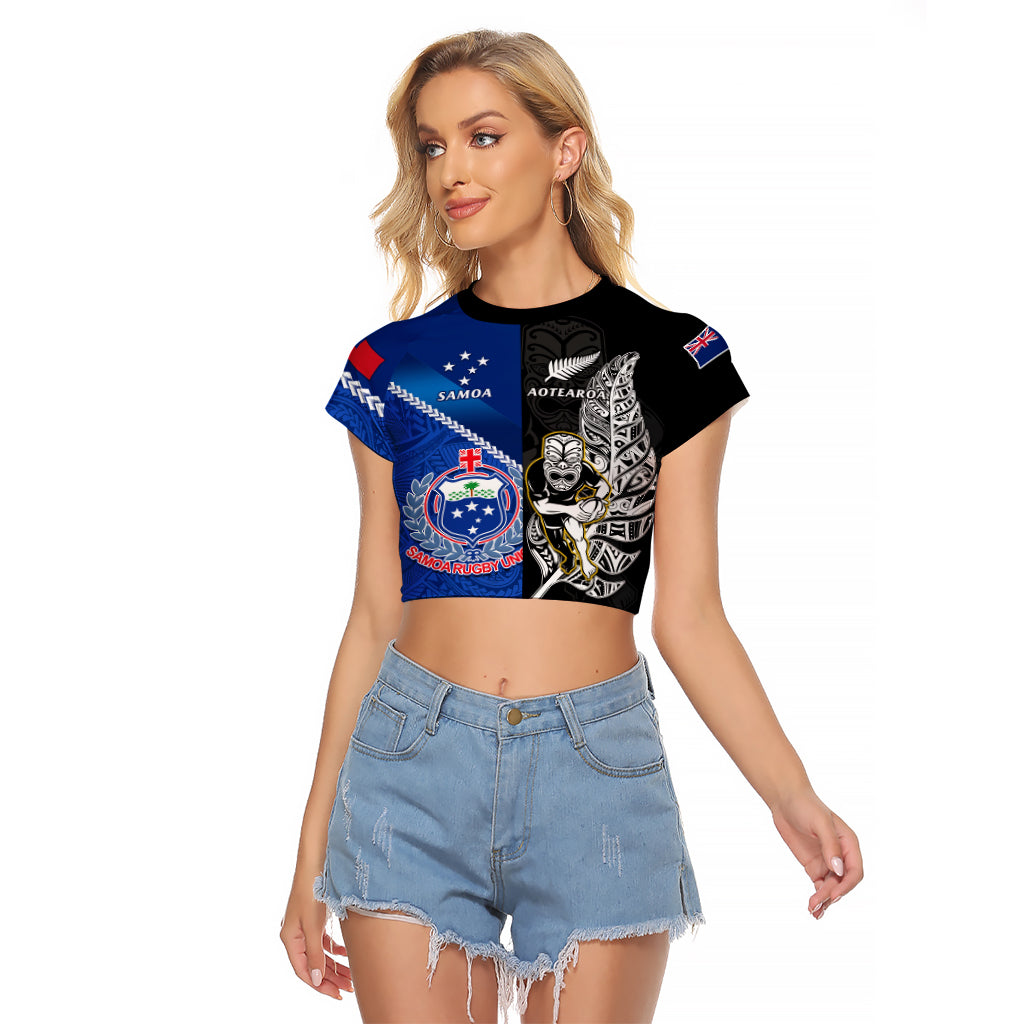 Custom New Zealand And Samoa Rugby Raglan Cropped T Shirt All Black Tiki Fern Mix Manu Samoa 2023 World Cup - Wonder Print Shop