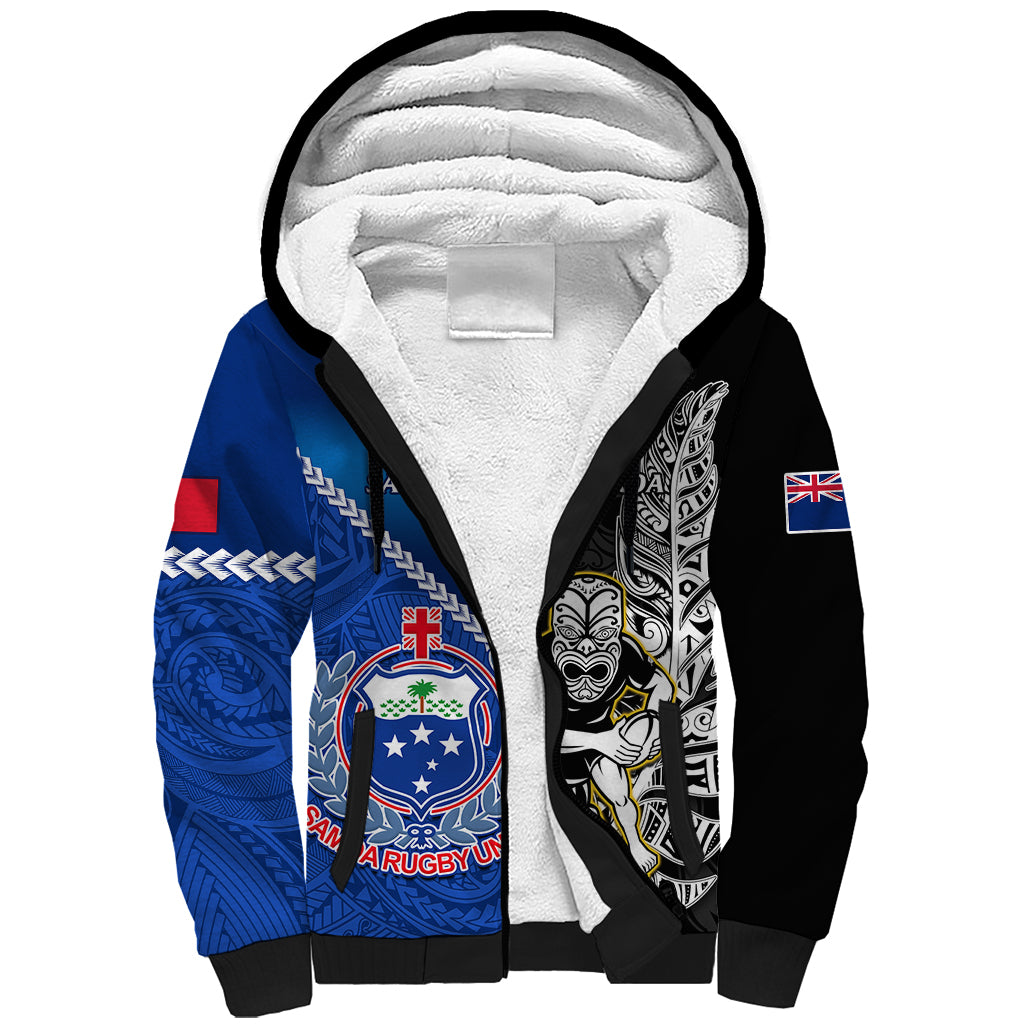 Custom New Zealand And Samoa Rugby Sherpa Hoodie All Black Tiki Fern Mix Manu Samoa 2023 World Cup - Wonder Print Shop