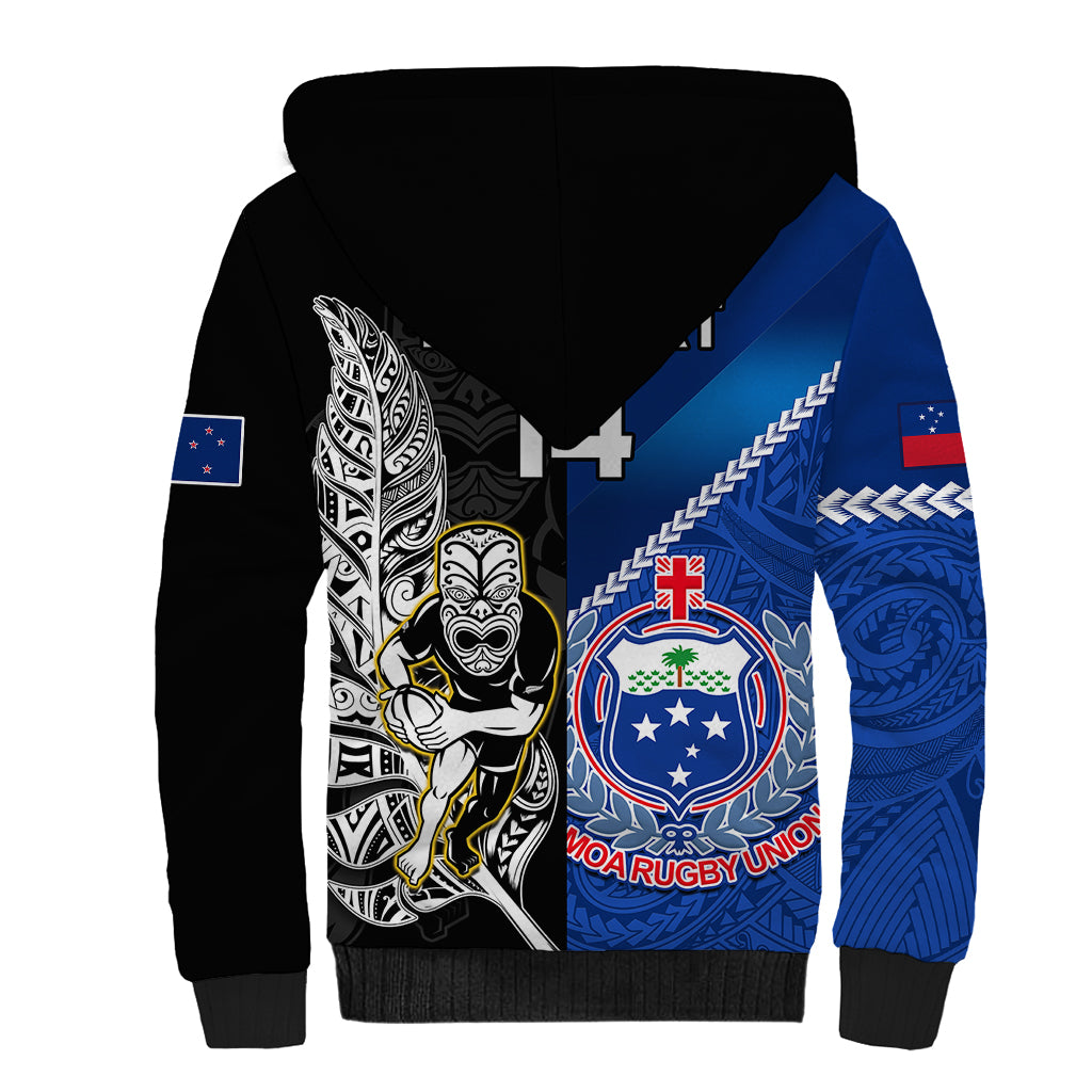 Custom New Zealand And Samoa Rugby Sherpa Hoodie All Black Tiki Fern Mix Manu Samoa 2023 World Cup - Wonder Print Shop