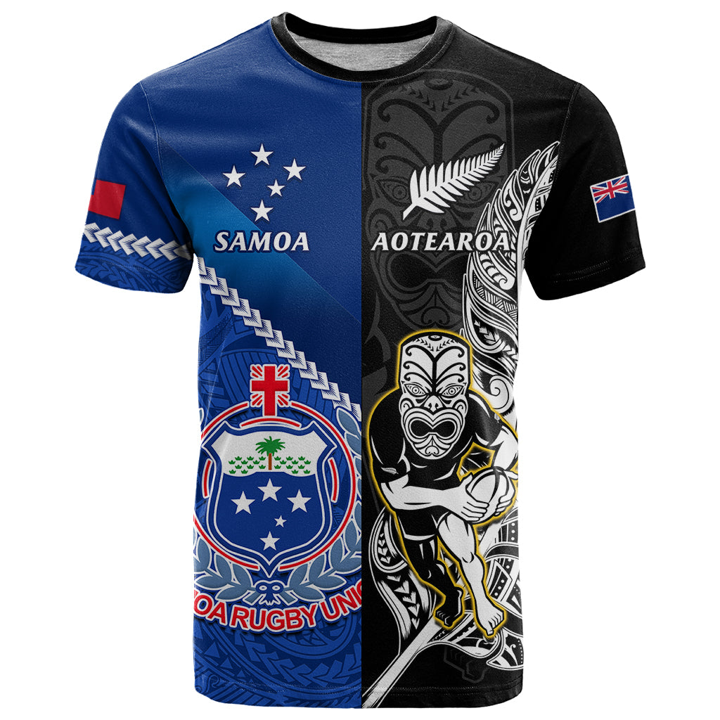 Custom New Zealand And Samoa Rugby T Shirt All Black Tiki Fern Mix Manu Samoa 2023 World Cup - Wonder Print Shop