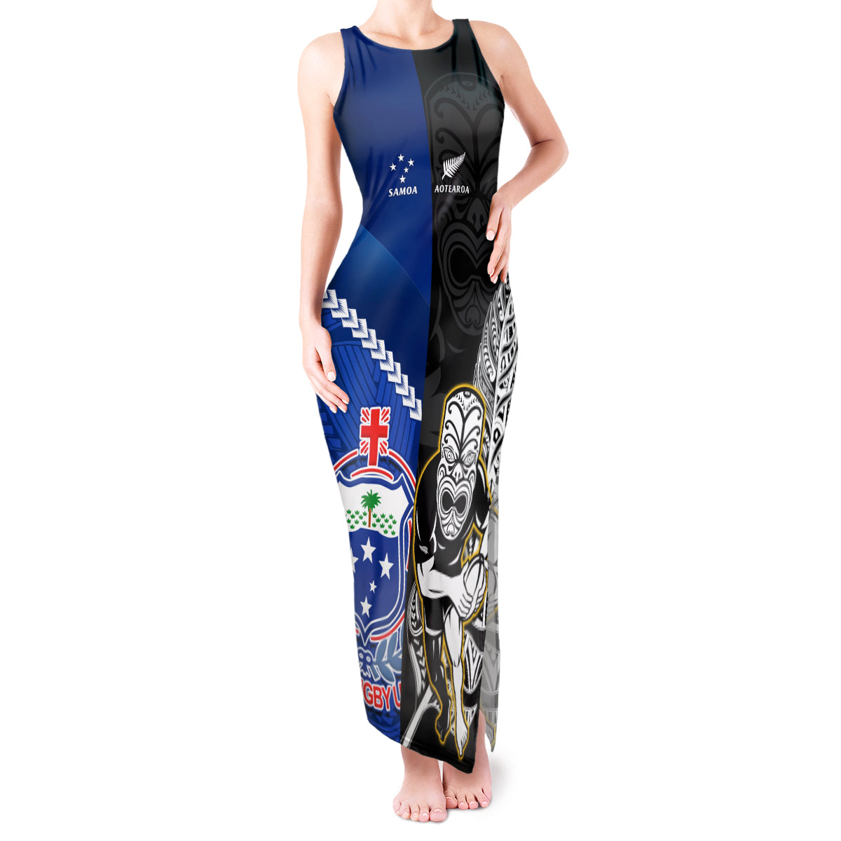 Custom New Zealand And Samoa Rugby Tank Maxi Dress All Black Tiki Fern Mix Manu Samoa 2023 World Cup - Wonder Print Shop