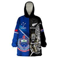 Custom New Zealand And Samoa Rugby Wearable Blanket Hoodie All Black Tiki Fern Mix Manu Samoa 2023 World Cup - Wonder Print Shop