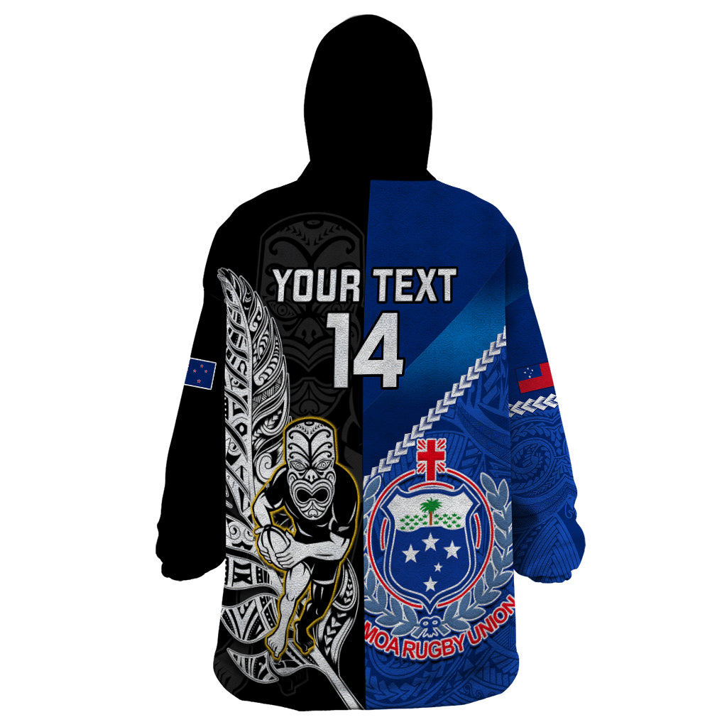 Custom New Zealand And Samoa Rugby Wearable Blanket Hoodie All Black Tiki Fern Mix Manu Samoa 2023 World Cup - Wonder Print Shop