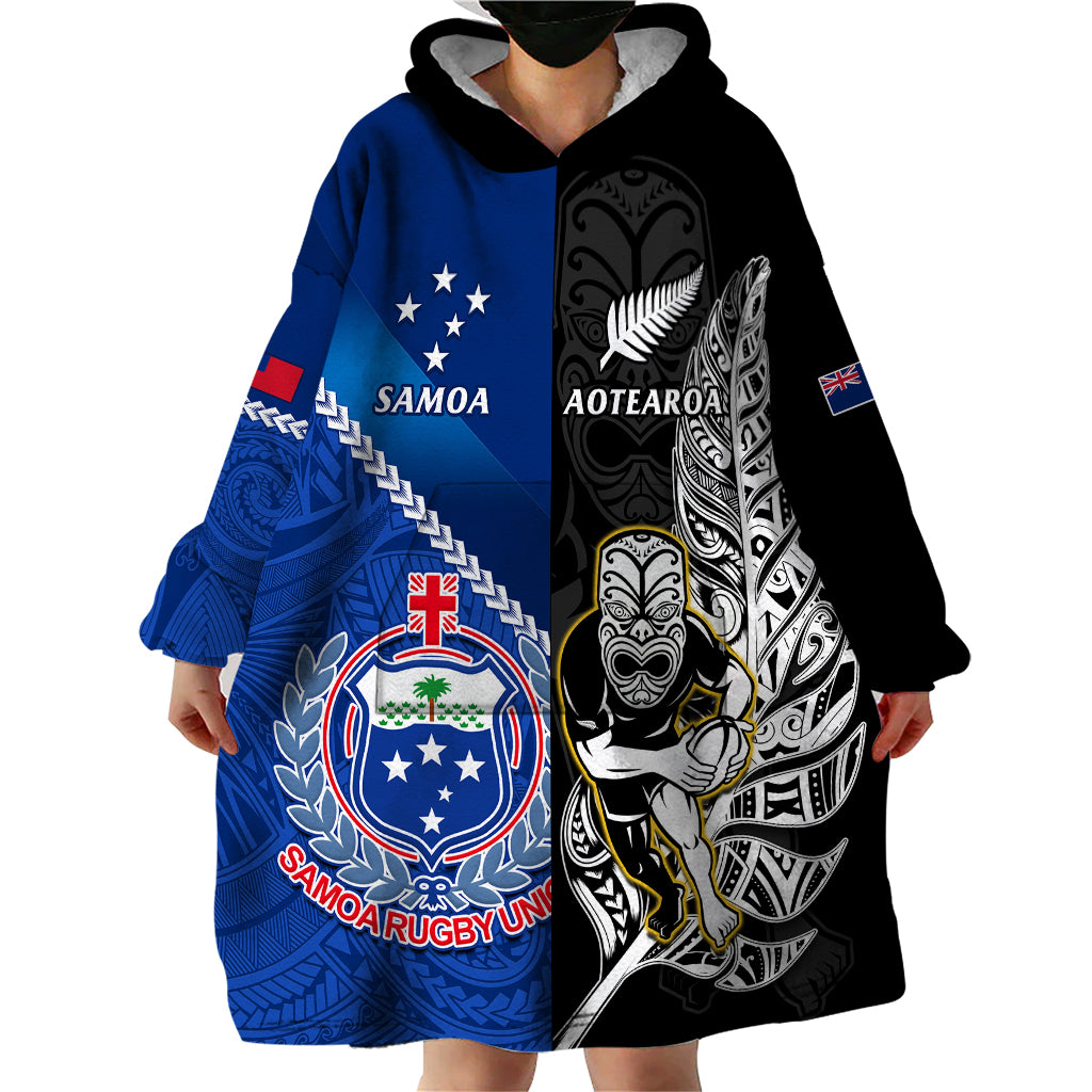 Custom New Zealand And Samoa Rugby Wearable Blanket Hoodie All Black Tiki Fern Mix Manu Samoa 2023 World Cup - Wonder Print Shop