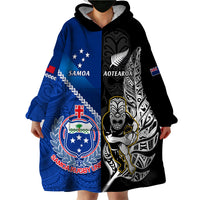 Custom New Zealand And Samoa Rugby Wearable Blanket Hoodie All Black Tiki Fern Mix Manu Samoa 2023 World Cup - Wonder Print Shop